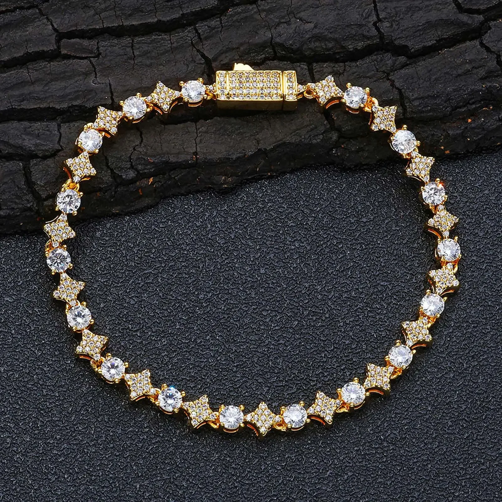 star tennis bracelet with secure clasp — gold or silver tone
