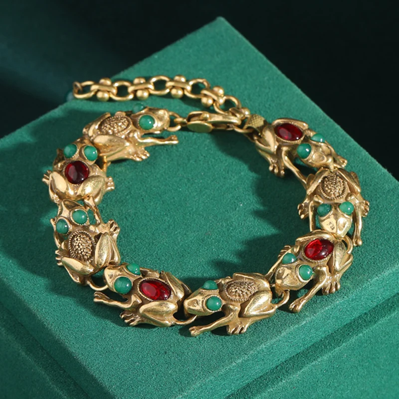 vintage gold-plated toad charm bracelet, stone inlay