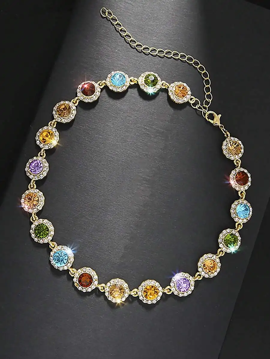 crystal necklace with colorful stones, gold-tone finish