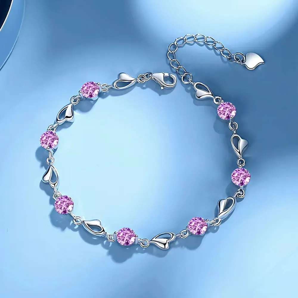 heart charm bracelet with pink moissanite, 925 silver