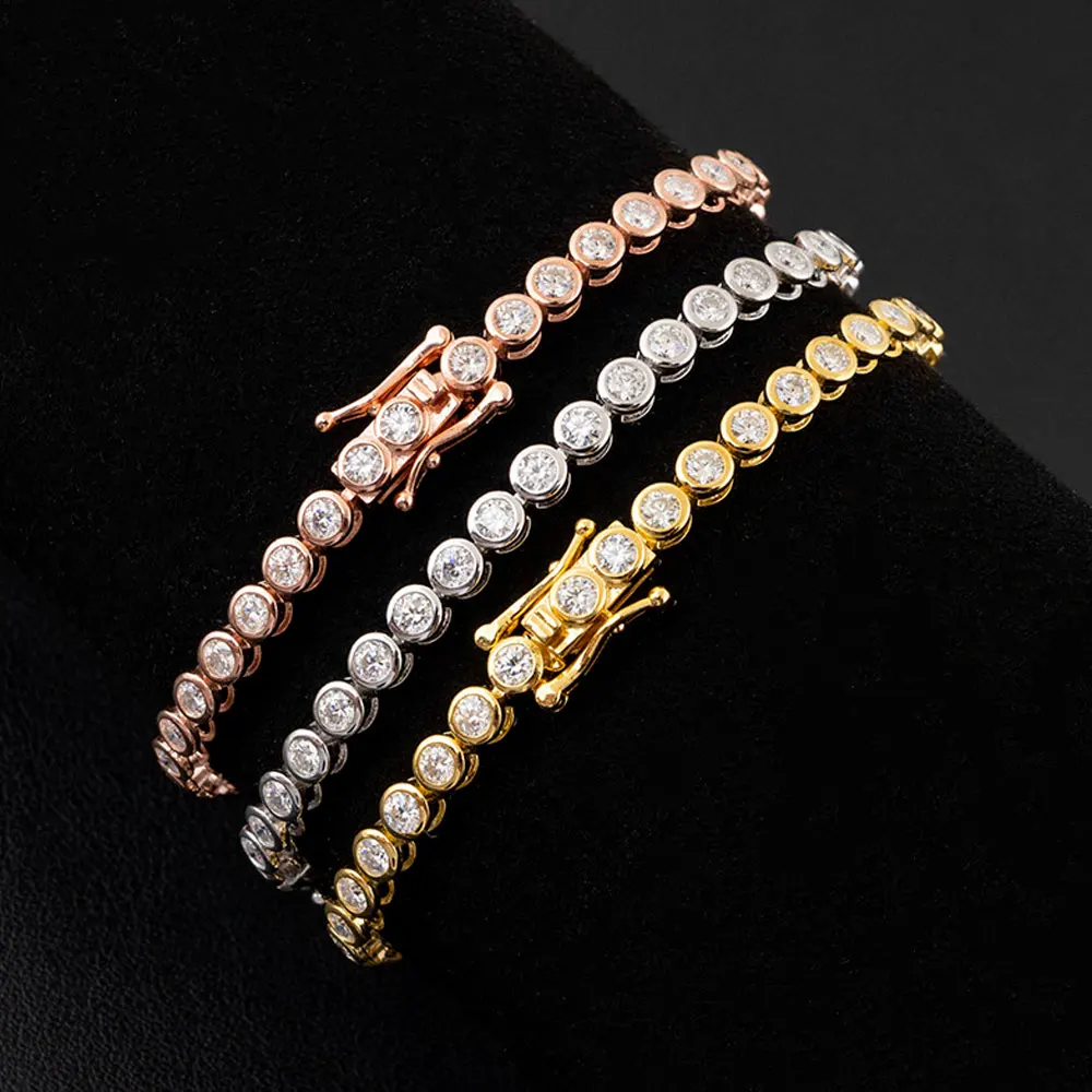 Rose gold colorway of the moissanite tennis bracelet coiled on a plain background