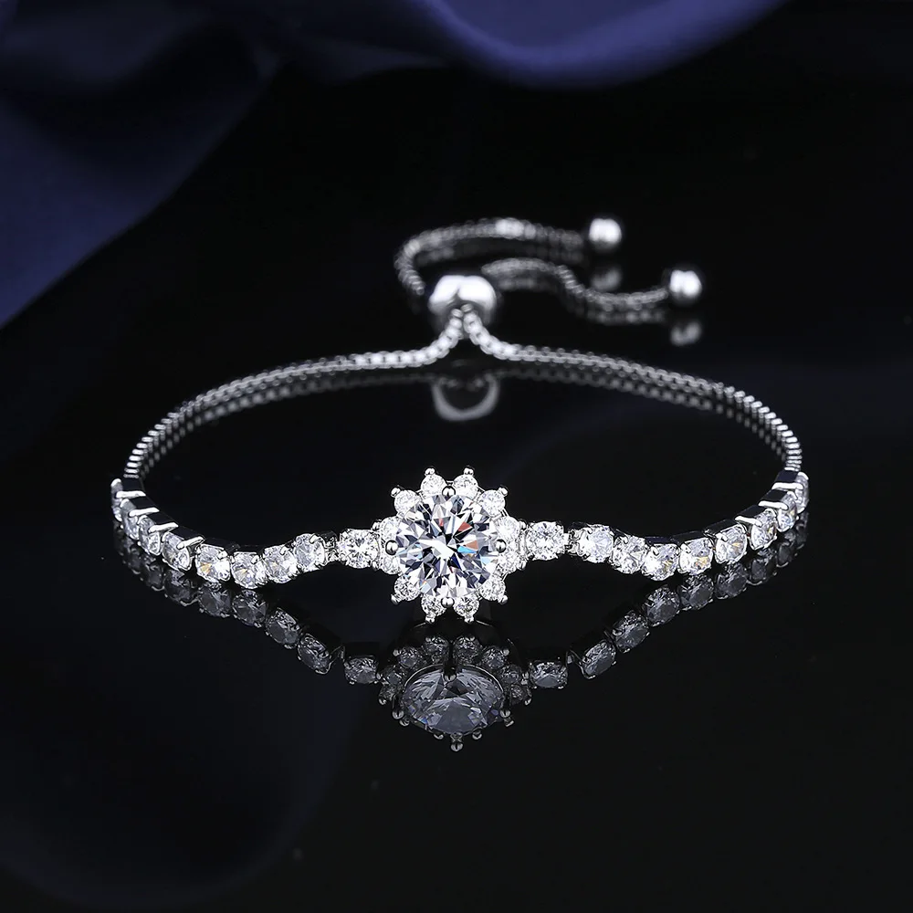 moissanite sunflower bracelet, adjustable pull-tie cuff