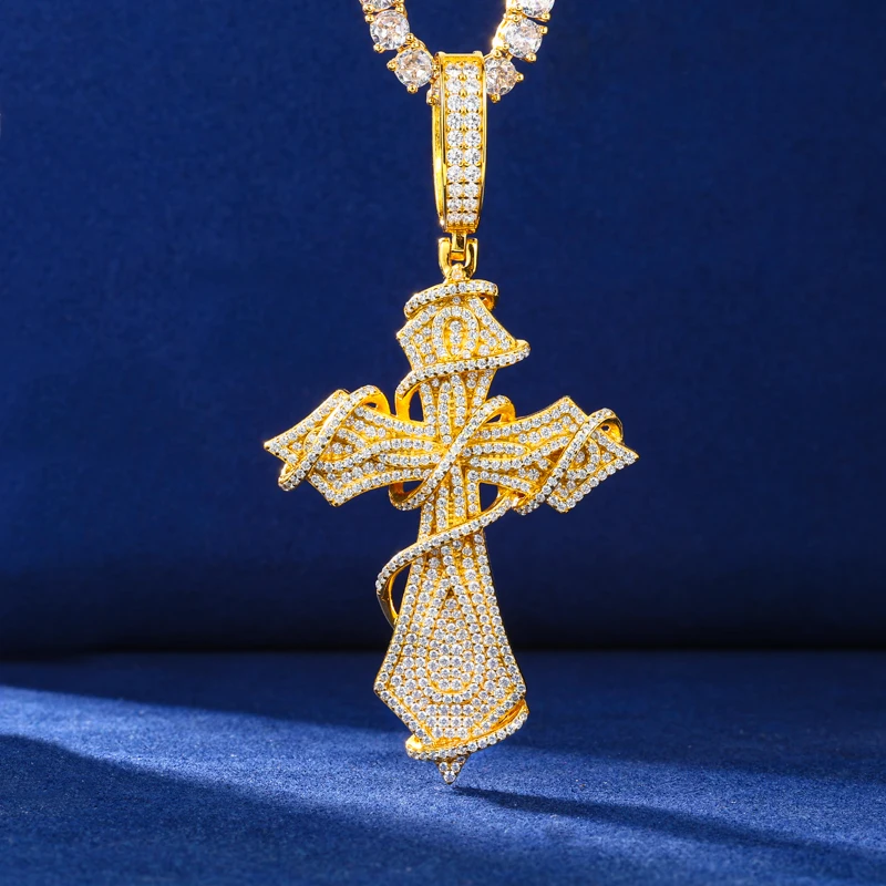 iced out moissanite cross pendant necklace, 925 silver
